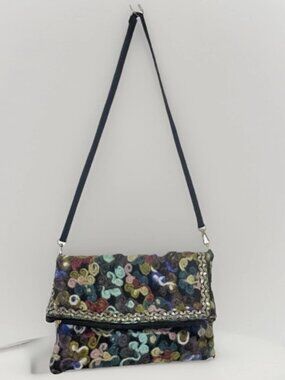 FELTED WOOL CREWEL EMBROIDERED COLORFUL FLORAL FOLD OVER CROSSBODY CLUTCH BAG